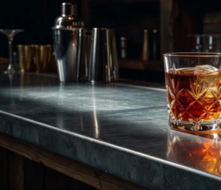 Cocktail ambré servi sur un comptoir en zinc dans une brasserie industrielle