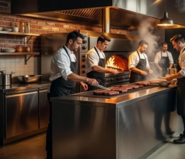 Équipe en coulisses entre cuisine, salle et lounge poker