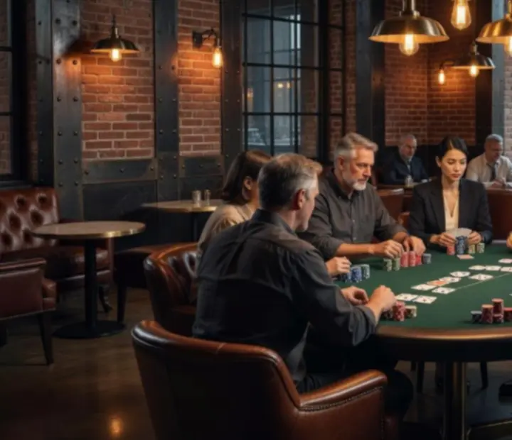 Salle de poker lounge industrielle avec tables de Texas Hold'em