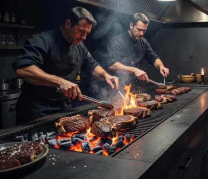 Ambiance de grill au charbon avec flammes vives dans une salle industrielle chic.