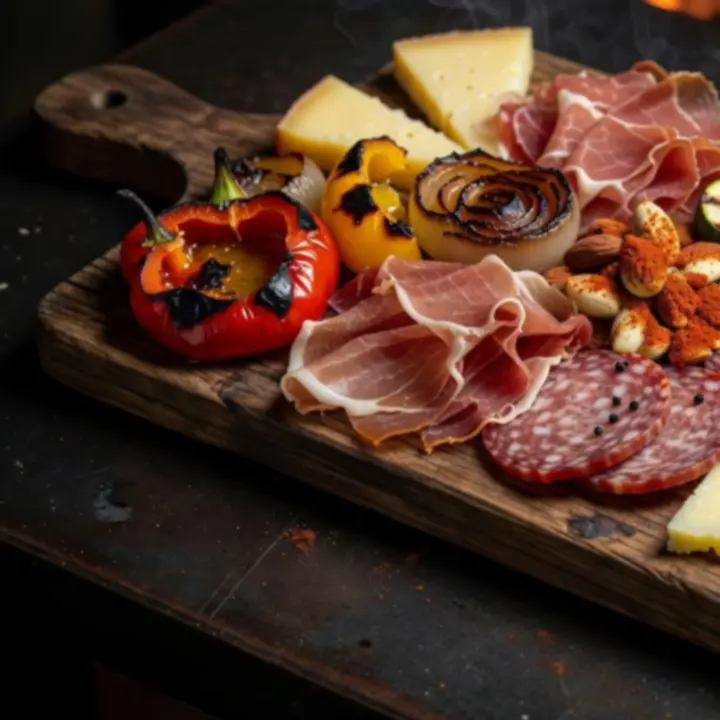 Grande planche d'entrées au charbon avec charcuteries, légumes grillés et sauces