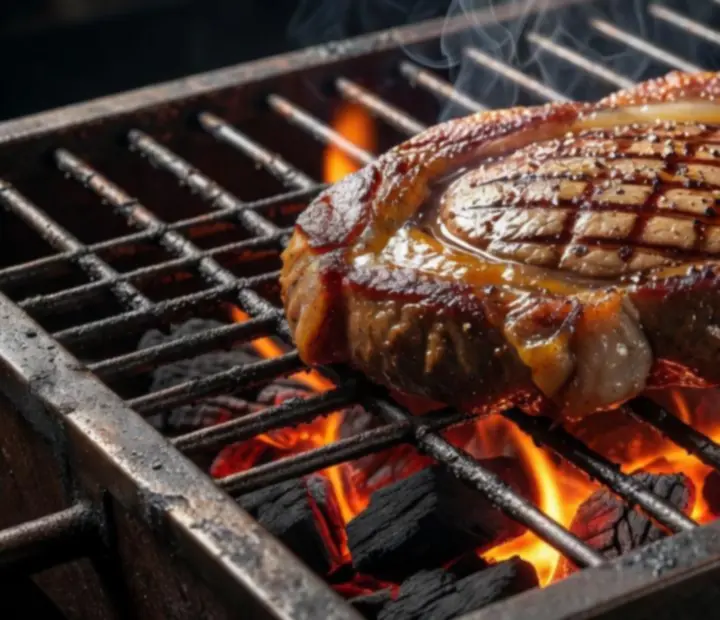 Gros plan sur un steak saisi sur braise vive dans une cuisine au charbon