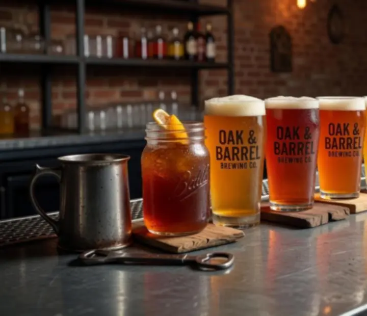 Verres de craft beers ambrées et cocktails sur un comptoir métallique industriel
