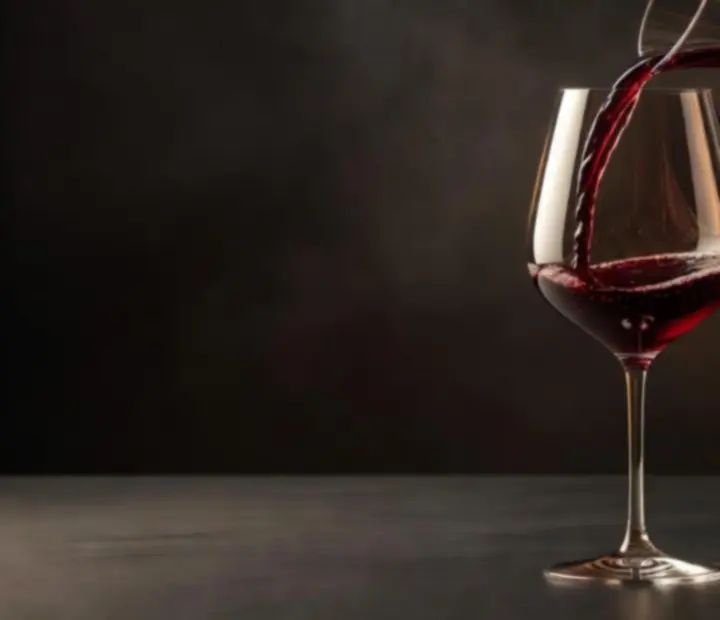 Vin rouge français versé depuis une carafe dans un verre tulipe