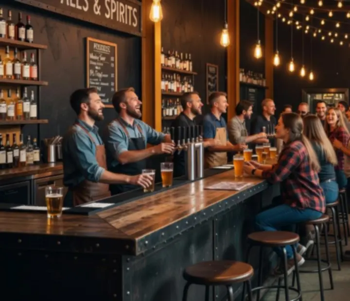 Comptoir de bar industriel en soirée, lumières chaudes et clientèle conviviale