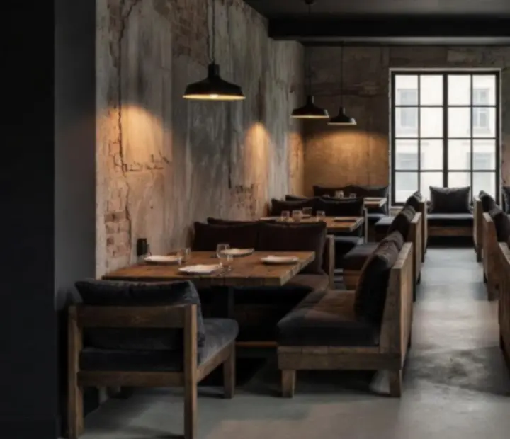 Intérieur de brasserie industrielle sombre avec lumières ambrées