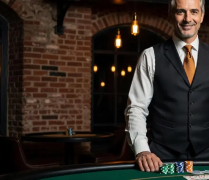 Croupier de poker concentré distribuant les cartes sur une table éclairée.