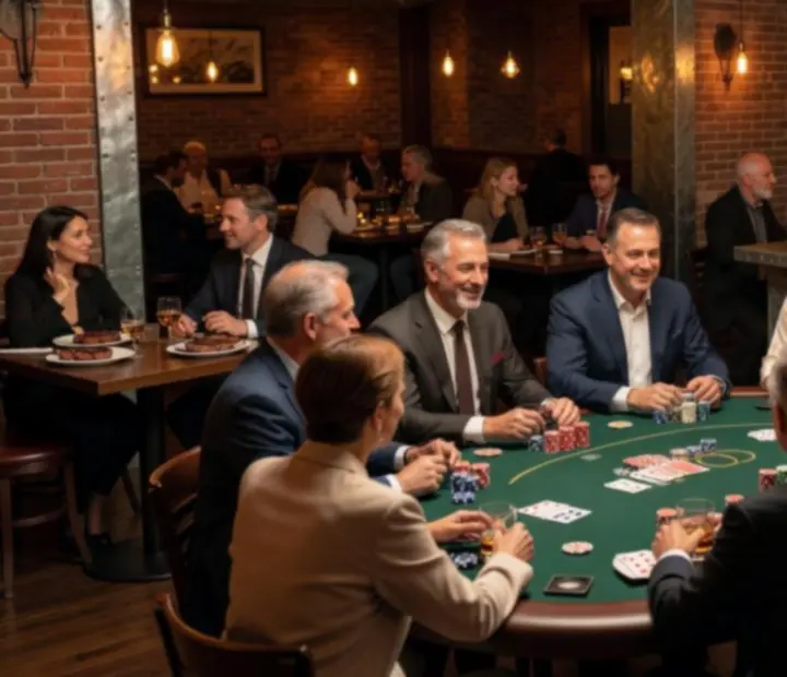 Salon Poker Texas Hold'em feutré avec tables éclairées et service à table.