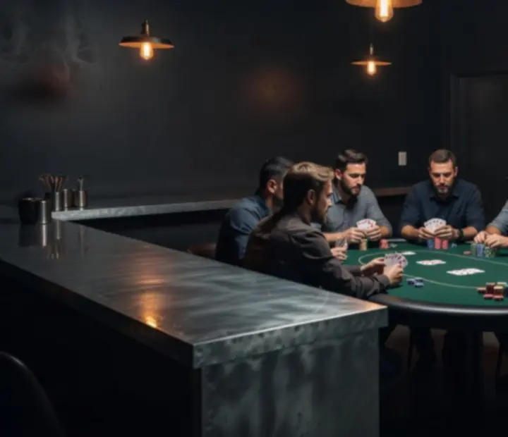 Tables de poker Texas Hold'em éclairées par une lumière ambrée dans un lounge industriel.