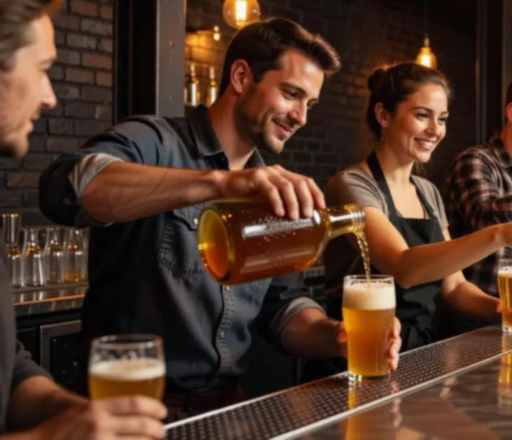 Équipe de salle et du bar servant des bières locales et cocktails