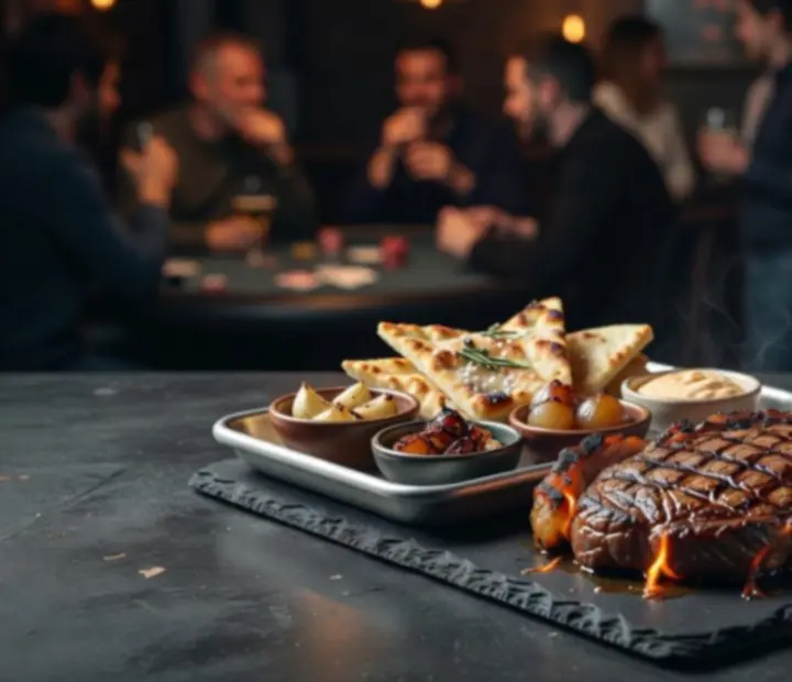 Pièces de viande grillées au feu de bois servies près du bar dans une ambiance tamisée.