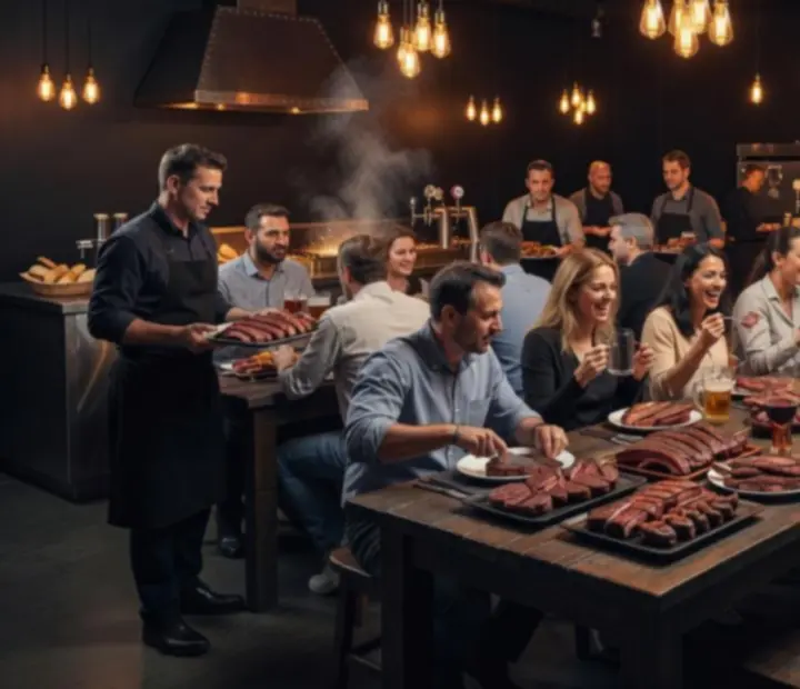 Soirée événementielle dans un steakhouse moderne avec ambiance tamisée