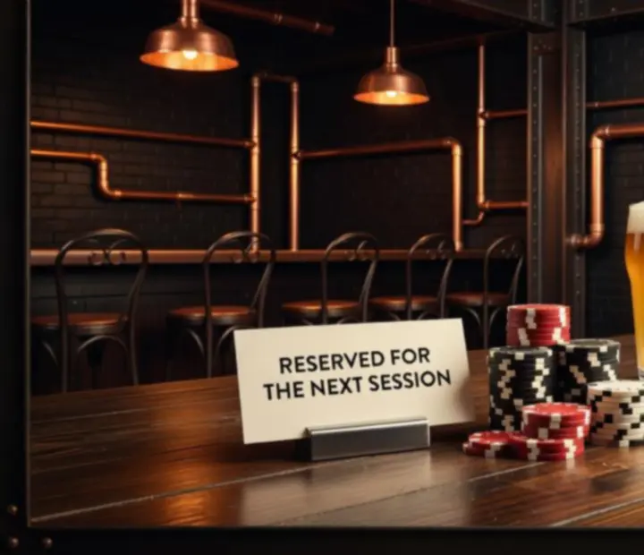 Réservation de table de poker avec cartes et jetons préparés sur la table.