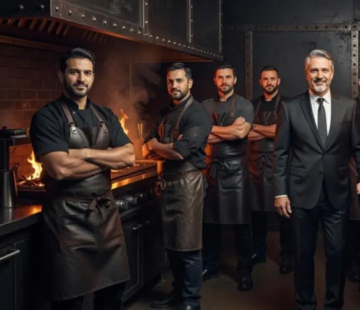 Brigade de cuisine autour du grill au feu de bois