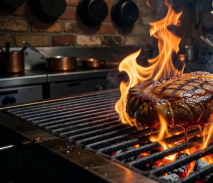 Pièces de bœuf saisies sur un grill au charbon, braises incandescentes en arrière-plan